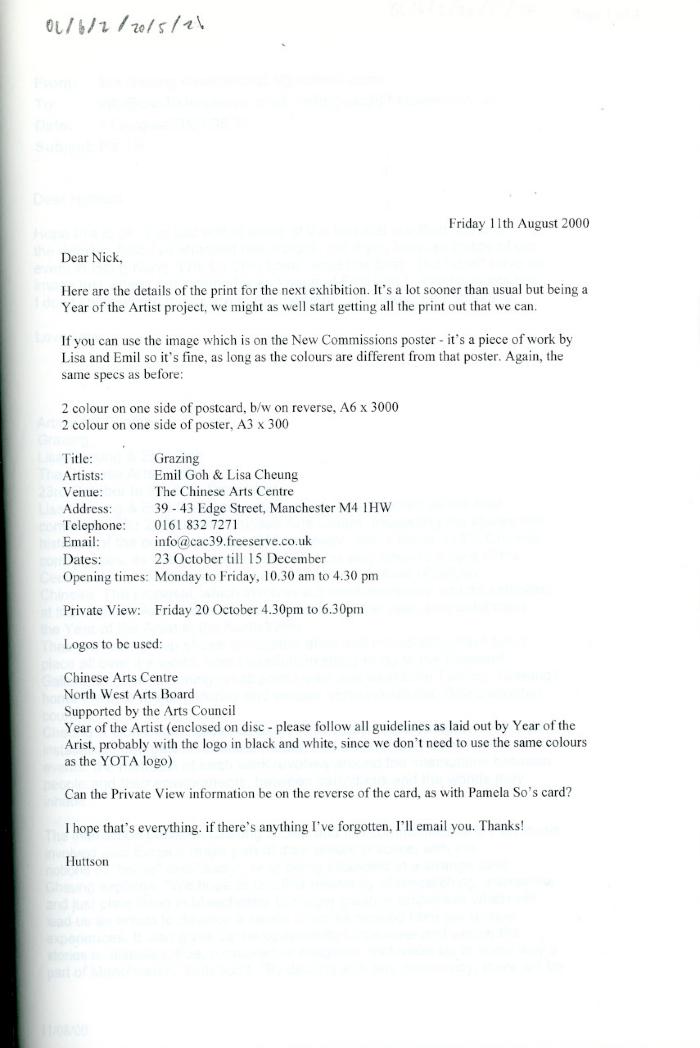 Letter re. promotional materials for the 'Grazing' exhibition.
